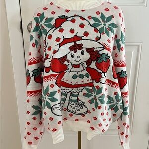 New Women's Strawberry Shortcake Sweater - Red, Green, White Lg